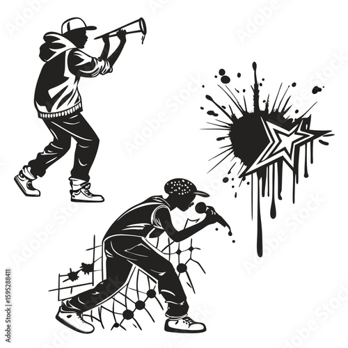 Graffiti artists performing with spray paint and microphone hip hop