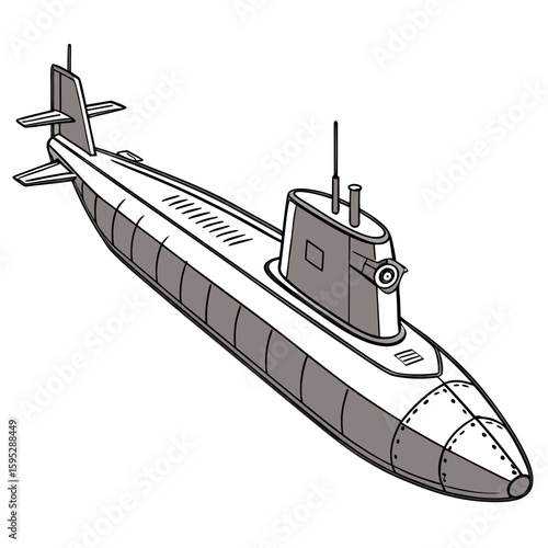 Gray submarine with periscope and fins submersible underwater