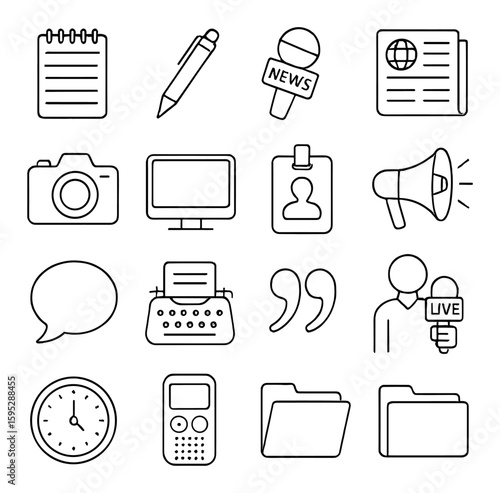 Journalism icon collection: simple media, news, report, press, microphone, flat vector icons