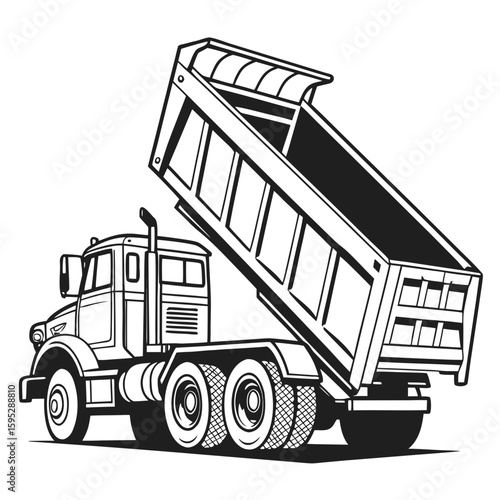 Heavy duty dump truck unloading materials black and white vehicle transportation