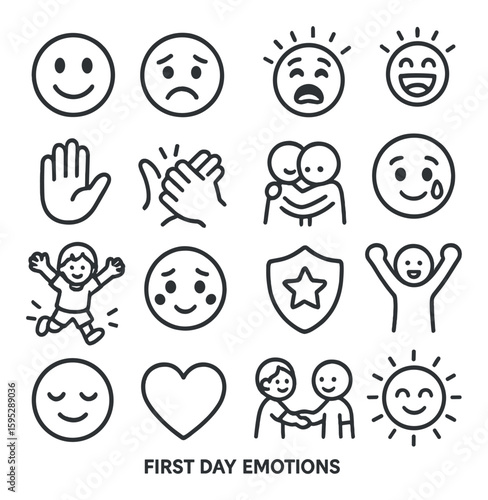 First day emotions icon collection: simple linear faces, hand, friends, heart, sun vector icons