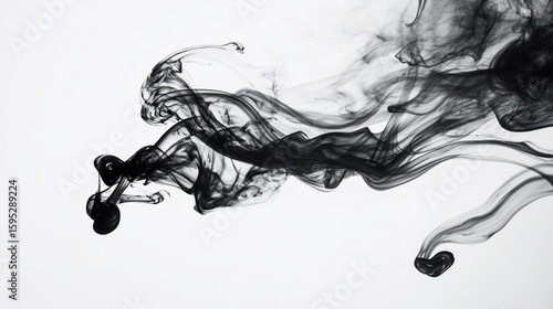 Abstract black ink or liquid flowing in a swirling pattern against a white background