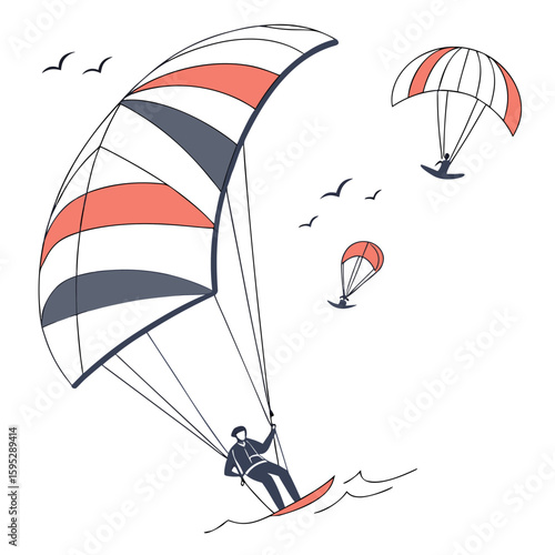 Kite surfers riding waves with seagulls flying kitesurfing water sports