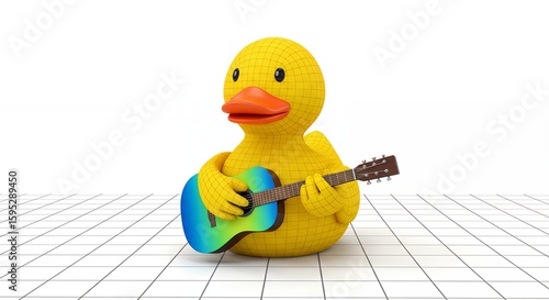 Playful rubber duck playing guitar