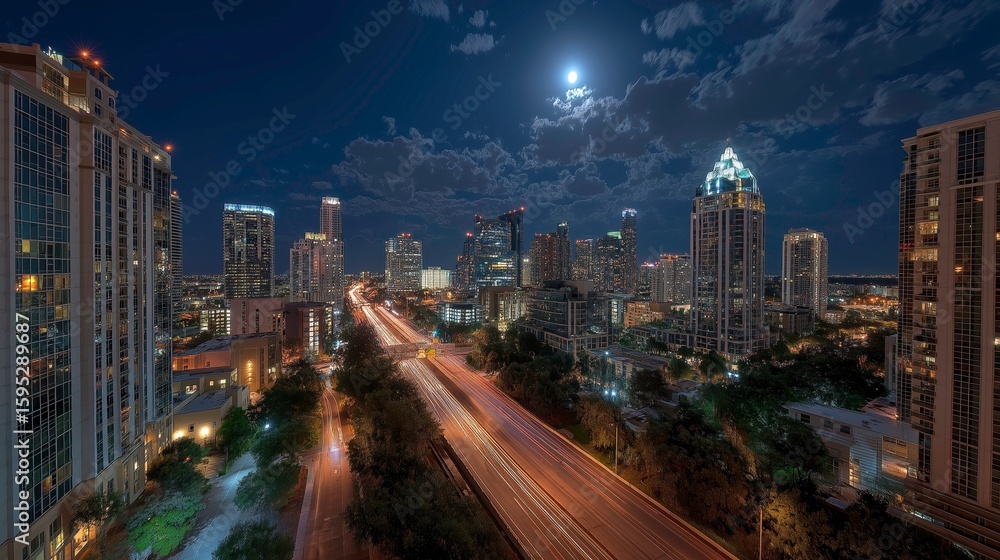 Fototapeta premium Nighttime City Skyline with Bright Moon and Light Trails in Downtown Urban Area
