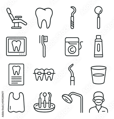 Dental tools icon collection. oral hygiene linear set. toothbrush, floss, mirror, dentist vector icons.