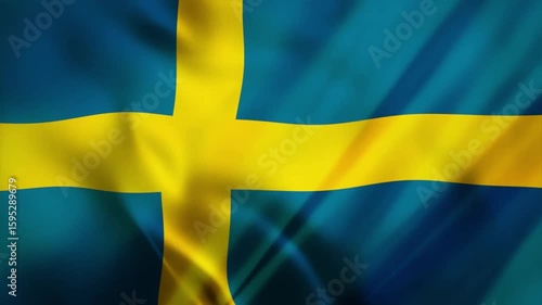 Swedish and Finnish flags with waving banners and other Scandinavian national symbols