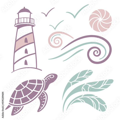 Lighthouse turtle waves sun and foliage icons vector