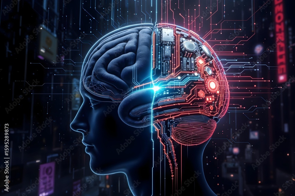 Obraz premium Digital Brain: An artistic, digital depiction of a human head with a brain bisected to reveal a circuit board, symbolizing the fusion of human intelligence and artificial intelligence