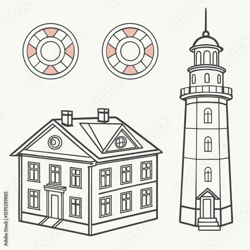 Lighthouse house lifebuoy icons building maritime
