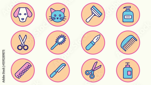 Collection of pet grooming tools and animal icons