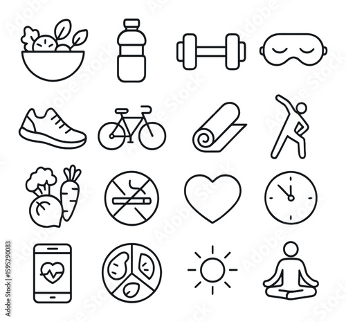 Healthy lifestyle icon collection. simple fitness and wellness linear icons: salad, water, dumbbell