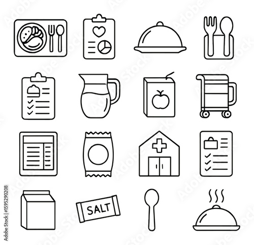 Hospital food icon collection: simple line icons of tray, chart, utensils, meal cart, hospital, vector icons