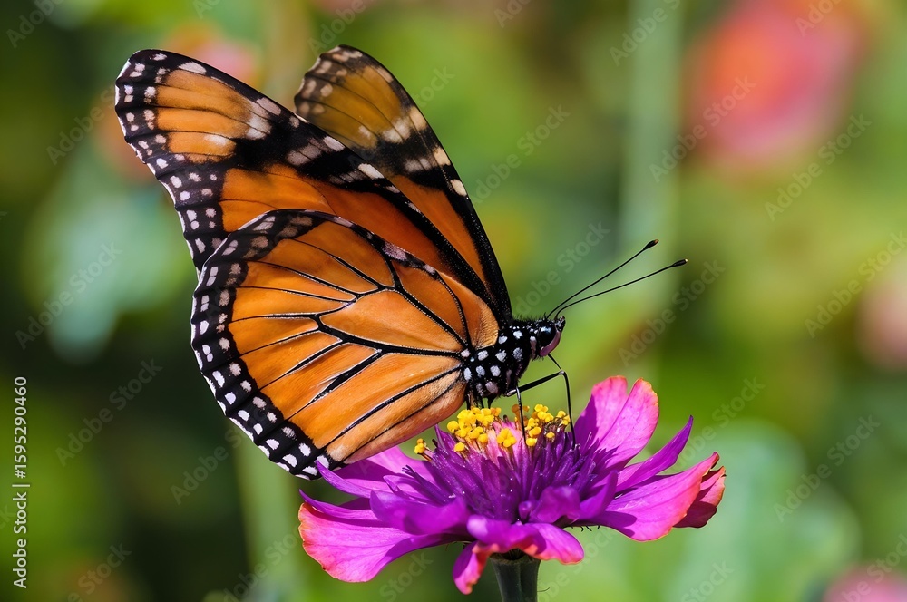 Fototapeta premium Monarch Butterfly on Flower: A vibrant monarch butterfly with stunning orange and black wings delicately perches on a purple flower, immersed in the vibrant natural world, in this striking photo.
