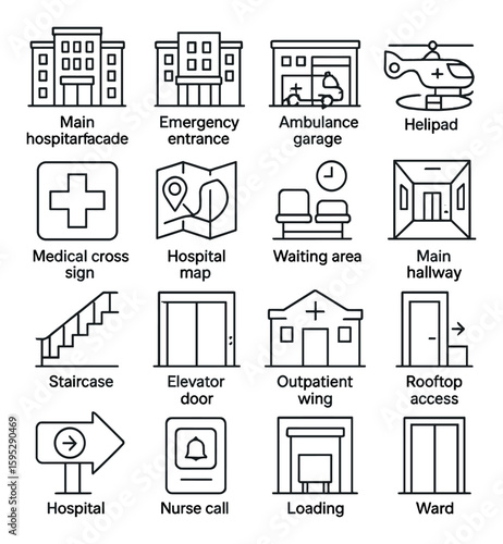Hospital icon collection: linear medical symbols. ambulance, nurse, emergency, building, ward vector icons.