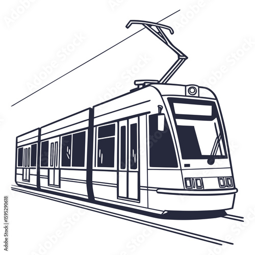 Modern tram with pantograph on tracks public transport transportation