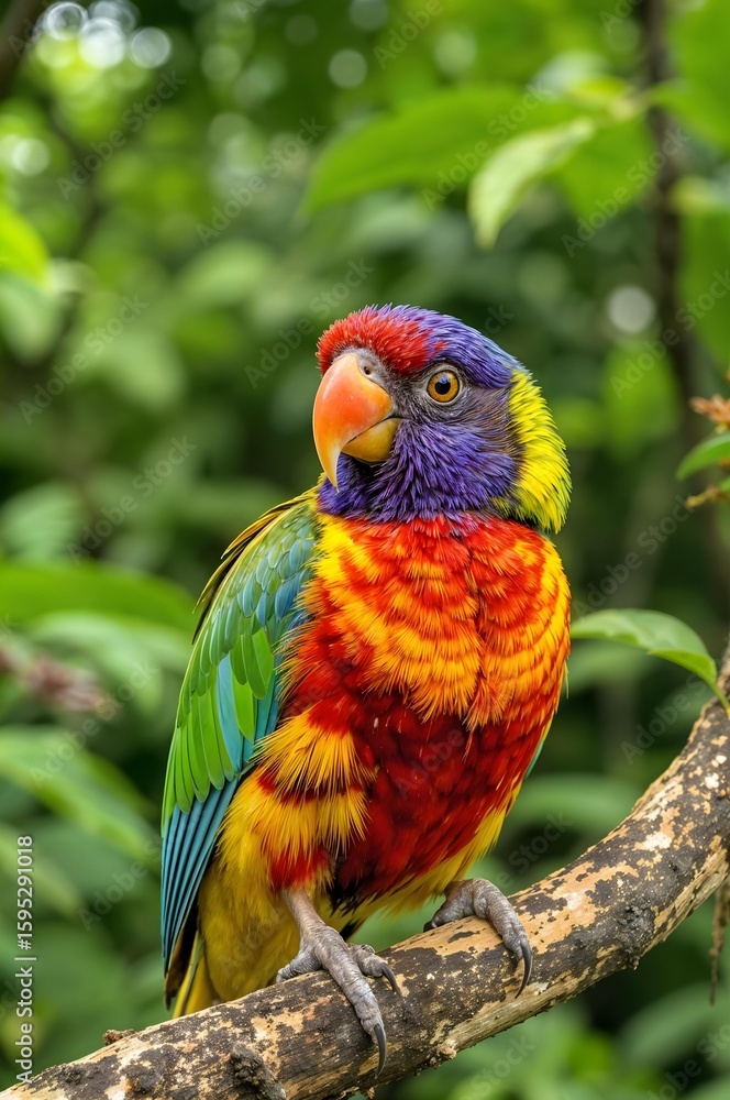 Naklejka premium Rainbow Lorikeet Perched on Branch: A vibrant rainbow lorikeet showcases its striking multi-colored plumage while perched serenely on a tree branch.