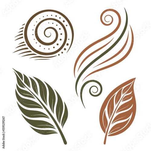 Organic leaf and swirl icons nature brown