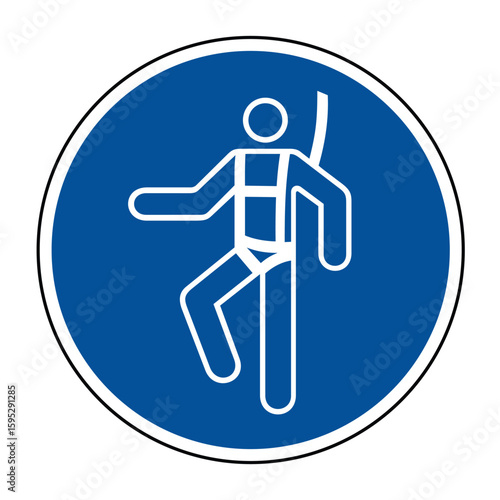 Wear a Safety Harness Sign – Mandatory Fall Protection Icon on Blue Circular Safety Symbol – High Quality Vectorial Stock Image