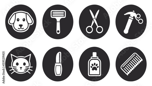 Pet grooming icons for dogs and cats with tools and supplies