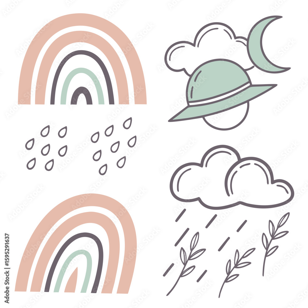 Fototapeta premium Pastel rainbows falling rain clouds moon and branches pink purple