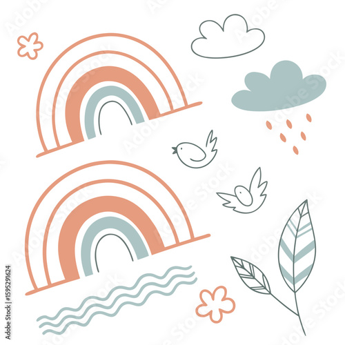 Pastel rainbows clouds birds and leaves leaf