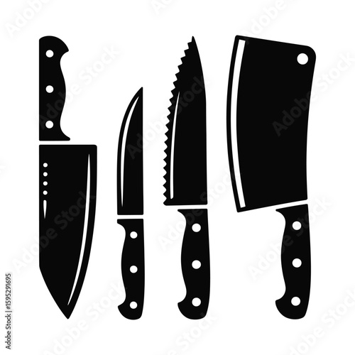 Collection of kitchen knives silhouette isolated on white background