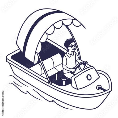 Person driving a pedal boat with canopy watercraft recreation