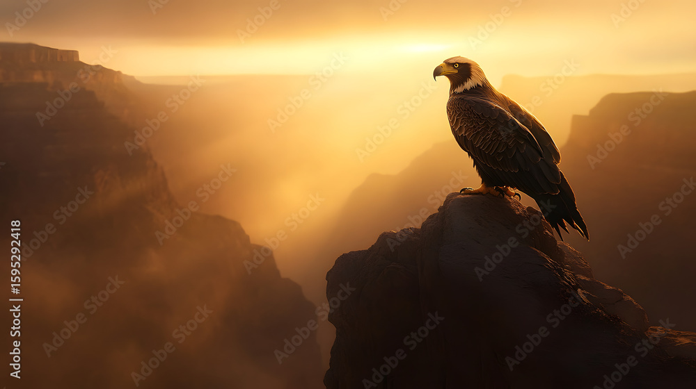 Fototapeta premium A regal eagle perched on a cliff, overlooking a vast canyon.