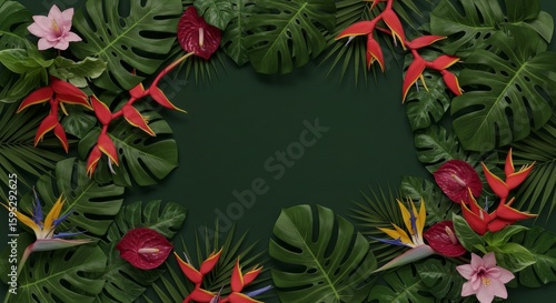 Tropical Foliage and Flowers Border on Dark Green Background