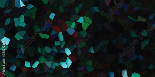 Abstract stained glass design with geometric shapes and dark color palette creating a mysterious and elegant background pattern