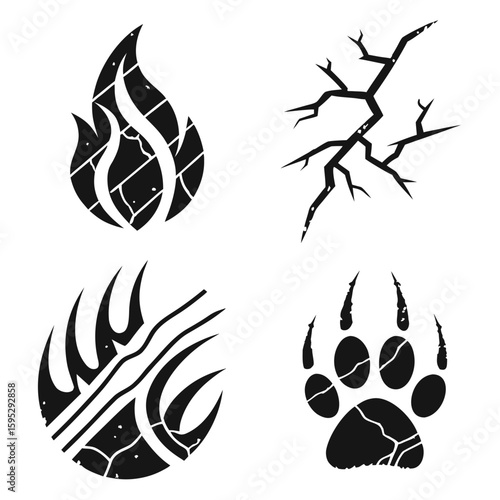 Rough textured flame claw crack and paw print icons fire broken