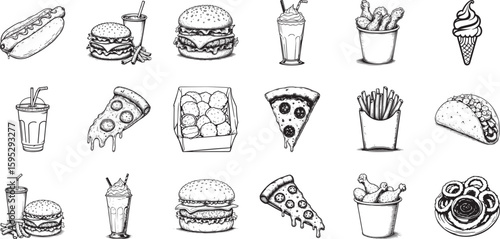 Fast Food Feast: A hand-drawn collection of iconic fast food items, perfect for illustrating a variety of food-related themes. 
