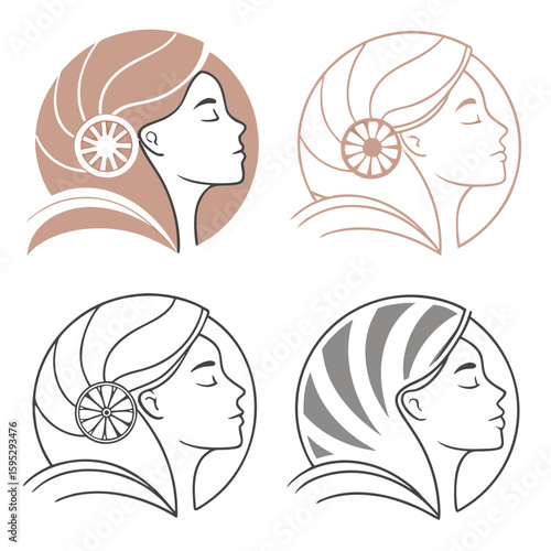 Stylized female profiles with circular hair ornaments woman head