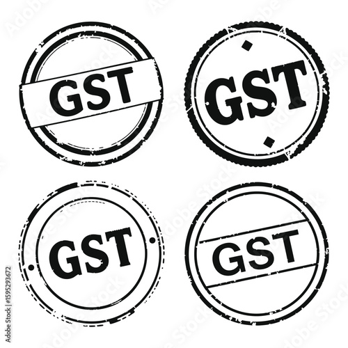 Four grunge rubber stamps with the acronym GST printed in black representing business vector illustration