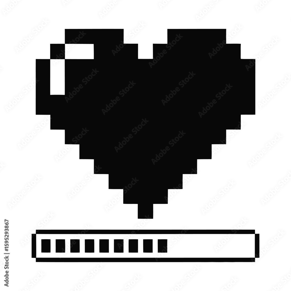 Pixelated heart and loading bar silhouette isolated on white background Pixelated heart and loading bar silhouette isolated on white background