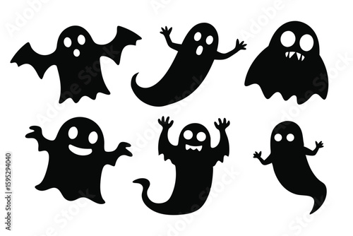 Six playful black ghost silhouettes with big eyes and wavy bodies  Halloween designs vector illustration