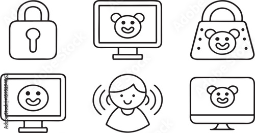 Child safety icons pack, online protection symbols, parental control, child lock, safe internet access, screen time control, secure chat, family security signs