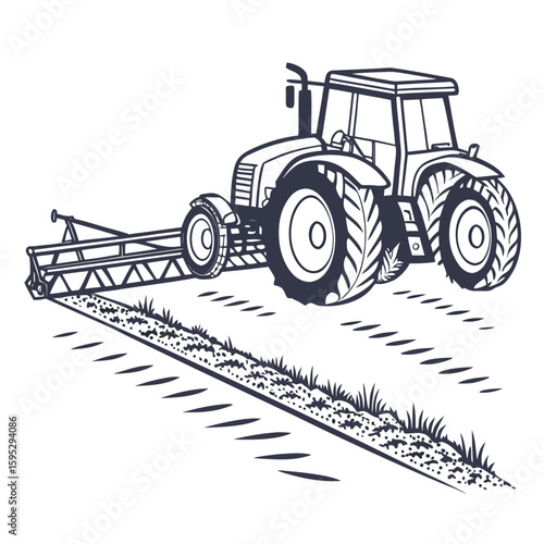 Tractor cultivating farmland with towed agricultural implement farming agriculture