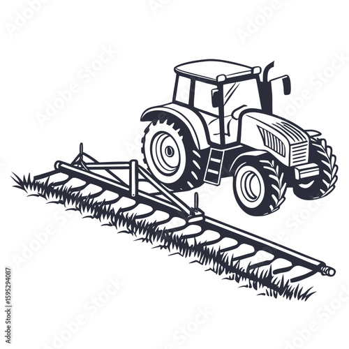 Tractor cultivating field with attached harrow farming agriculture
