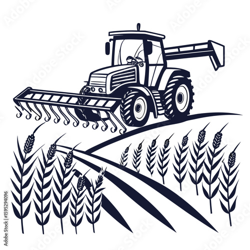 Tractor harvesting wheat in a field harvester agriculture