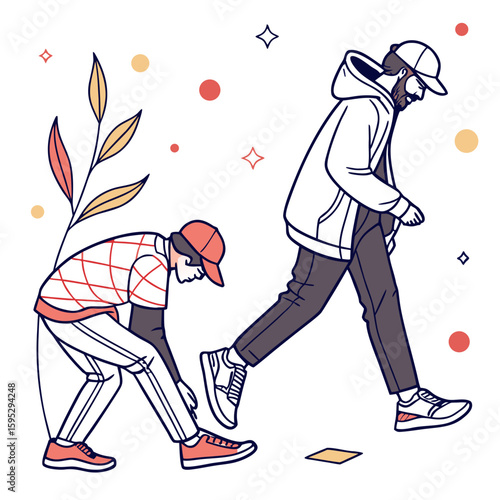 Two men walking and bending down casual clothing