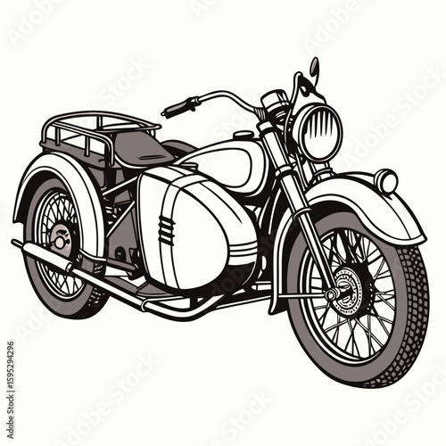 Vintage motorcycle with sidecar black and white illustration retro classic