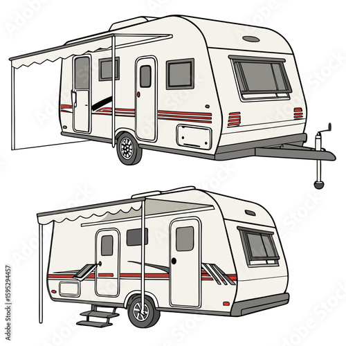 White caravan with red stripes and retractable awning trailer camping