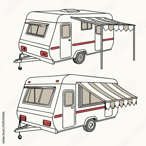 White caravan with red stripe and striped awning trailer camping