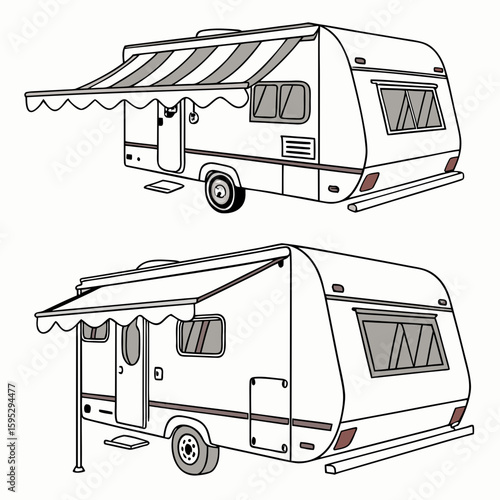 White caravan with striped awnings and grey windows travel camping