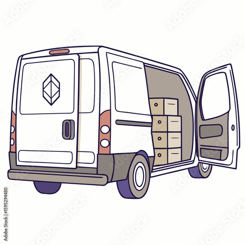 White cargo van with open doors and boxes delivery van transportation