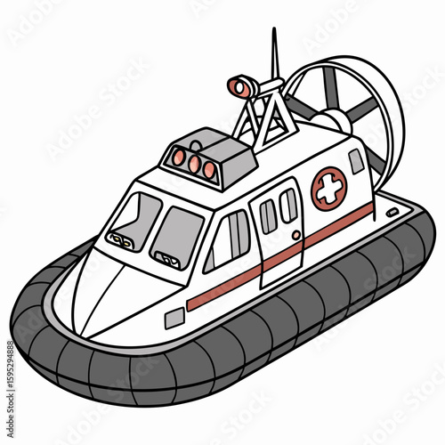 White rescue hovercraft with red stripe and medical cross transport vehicle