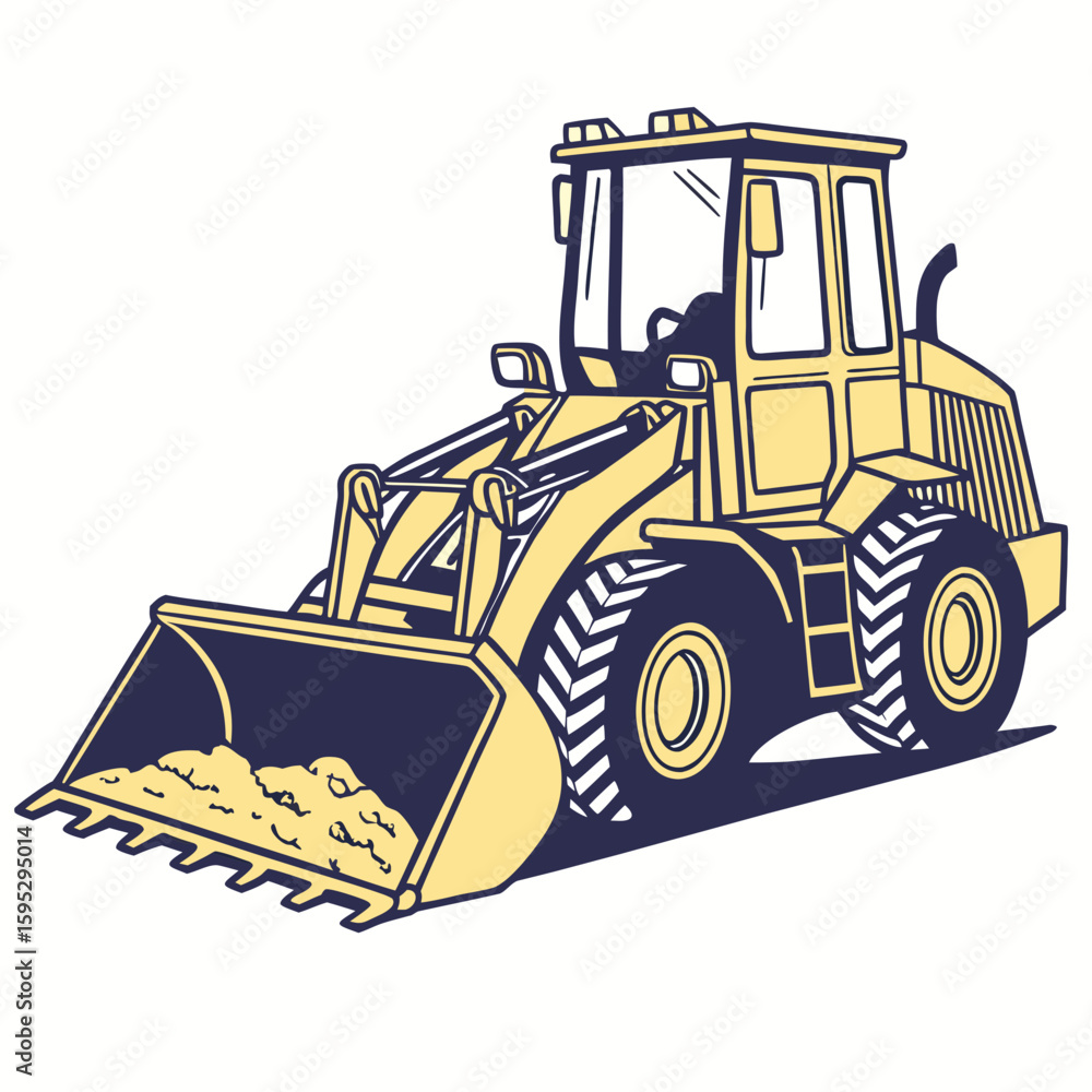 Naklejka premium Yellow loader vehicle with dirt in bucket construction blue