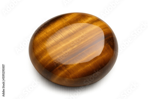Polished tiger eye gemstone cabochon on a transparent background, exhibiting its chatoyant, silky luster